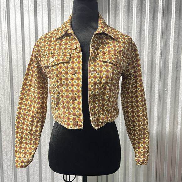 Reformation Cora Denim Jacket Retro Geometric Print XS‎ Rare Sustainable - Picture 1 of 12